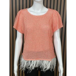 Anthropologie Eva Franco Women's M Orange Blouse Top Feather Trim Lined Festival